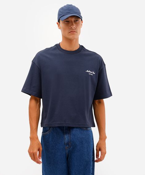 camiseta masculina cropped de algodão manga curta com bordado azul