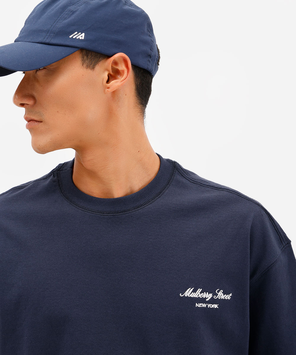 camiseta masculina cropped de algodão manga curta com bordado azul