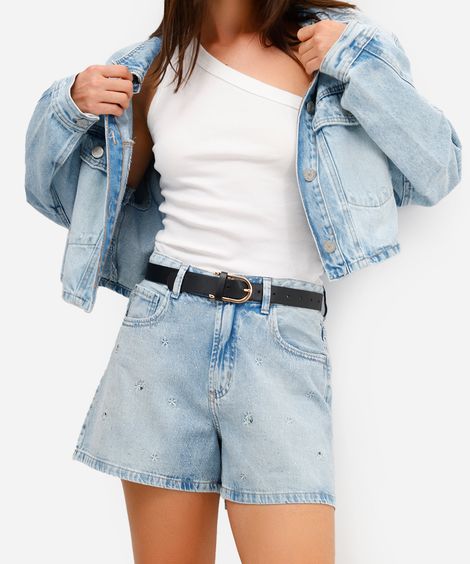 short feminino jeans com bordado e brilhos azul