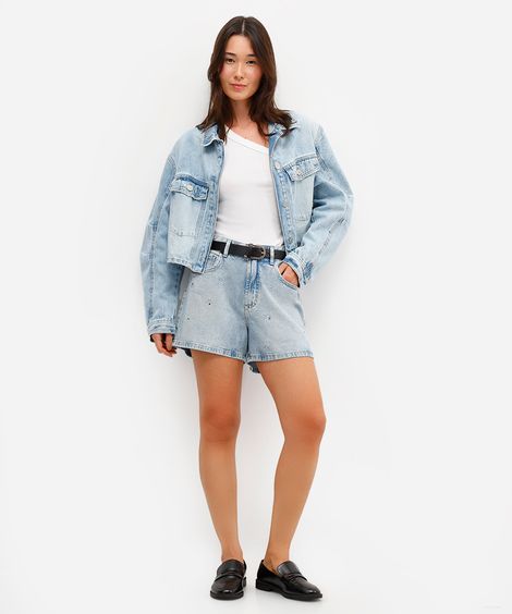 short feminino jeans com bordado e brilhos azul
