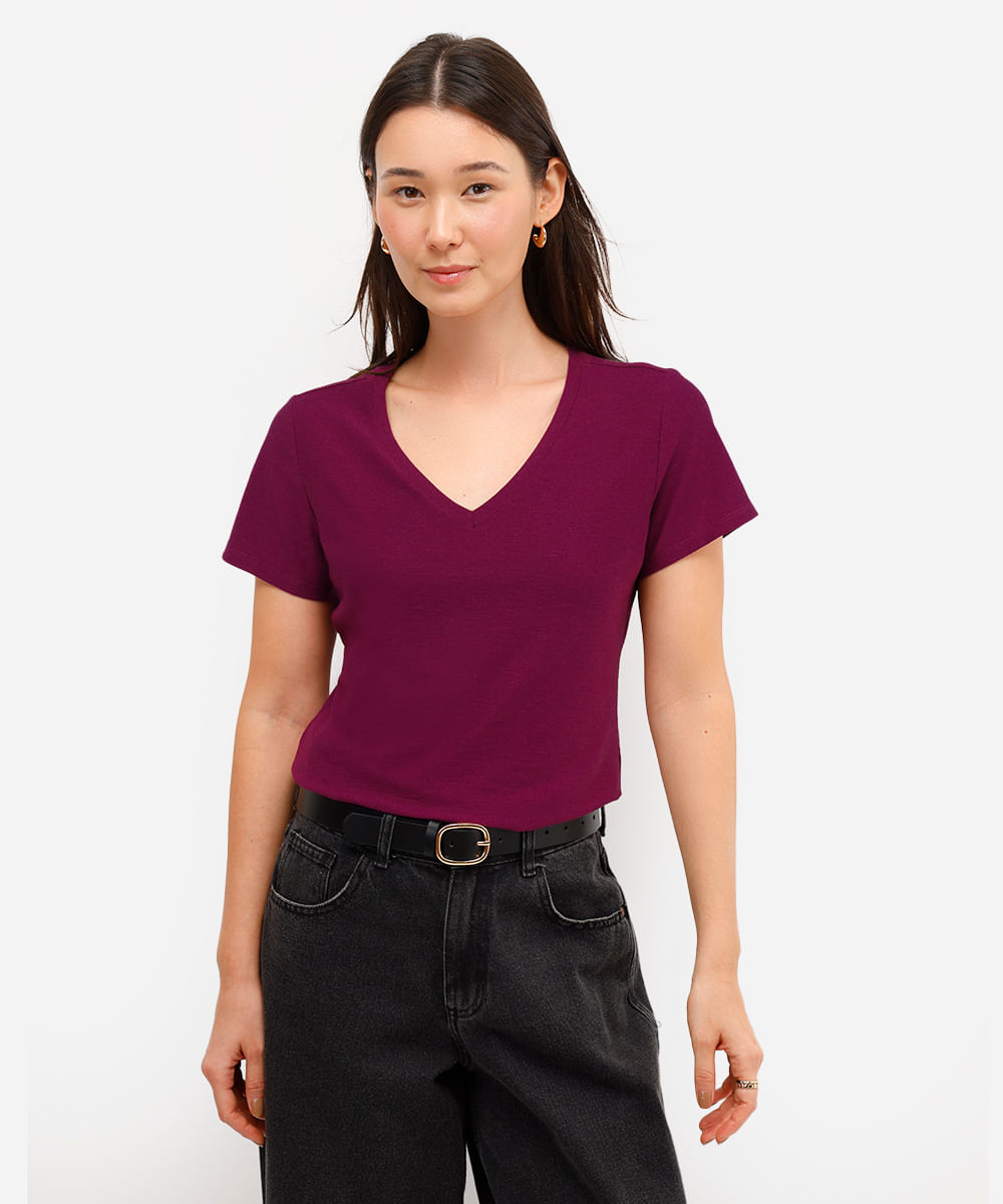 blusa básica feminina de algodão peruano manga curta decote v roxa