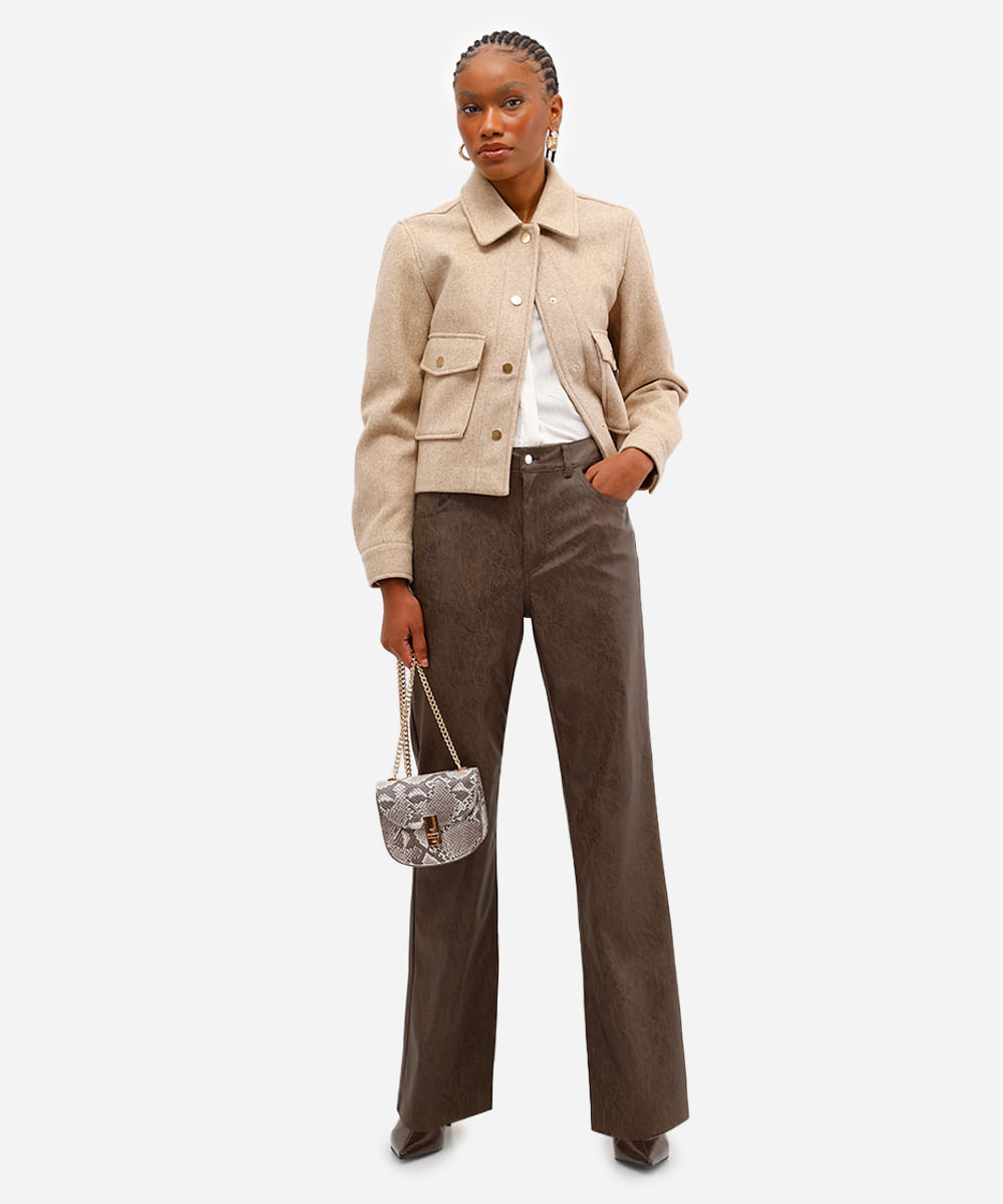 calça reta feminina de poliuretano cintura alta marrom