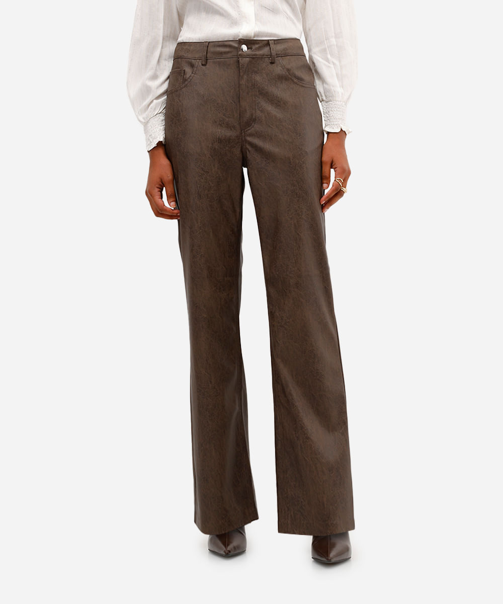 calça reta feminina de poliuretano cintura alta marrom