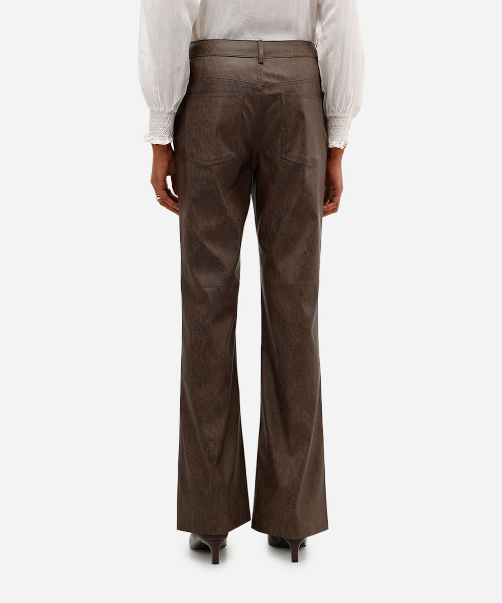 calça reta feminina de poliuretano cintura alta marrom