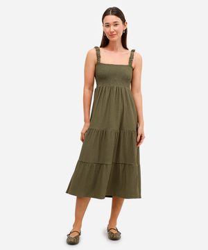 vestido midi texturizado com recortes alças médias verde