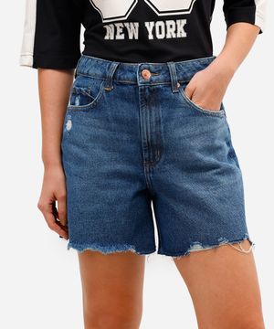 bermuda mom feminina jeans cintura alta azul