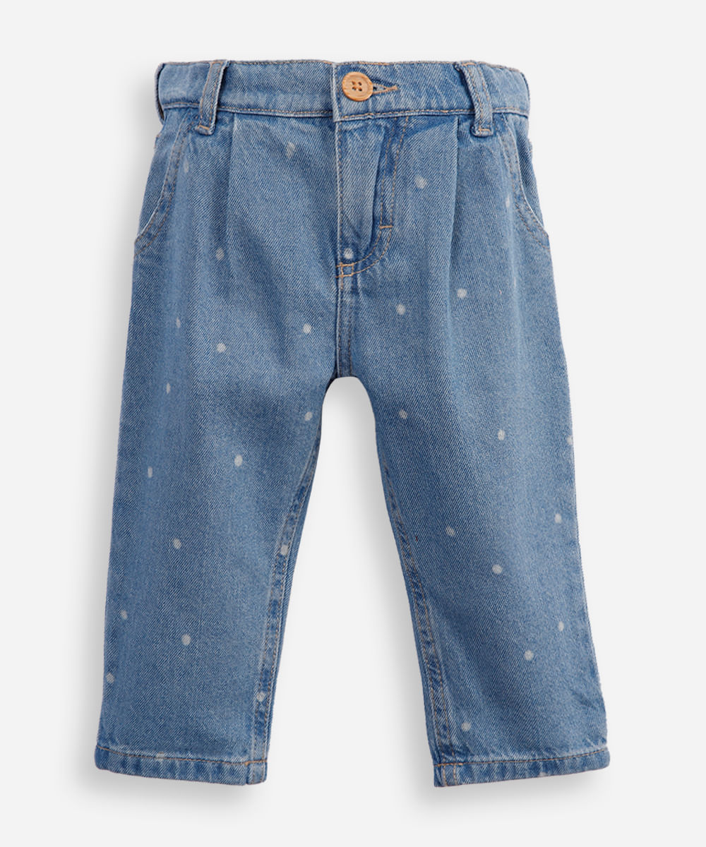 calça mom infantil jeans com pregas e poá azul