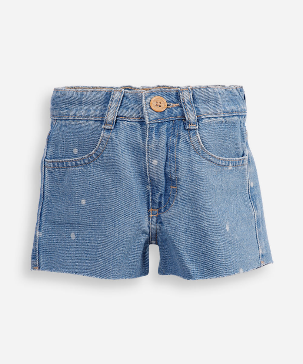 short evasê infantil jeans com poá azul