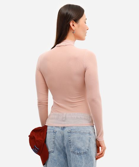 blusa feminina de tule gola alta manga longa bege