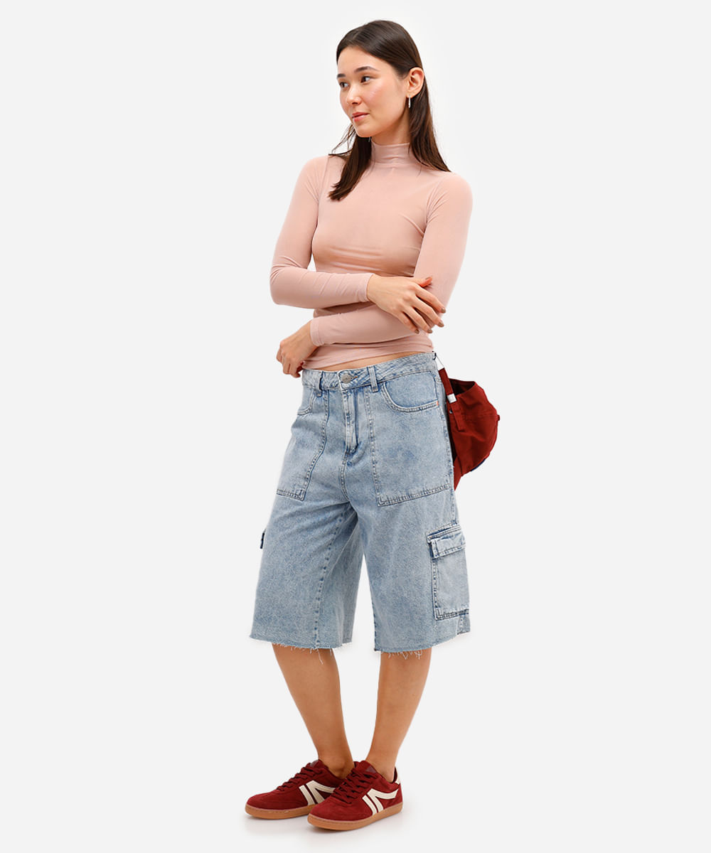 blusa feminina de tule gola alta manga longa bege