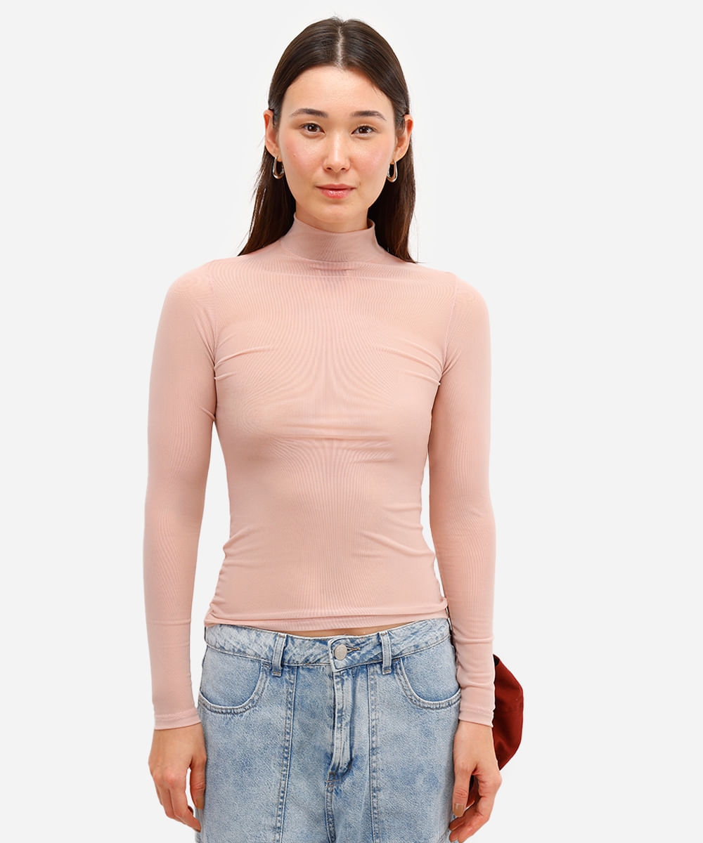 blusa feminina de tule gola alta manga longa bege