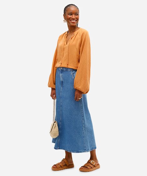 saia midi evasê feminina jeans cós elástico azul