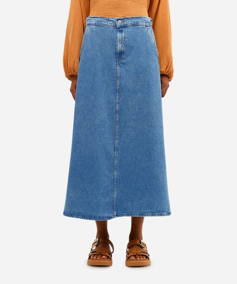 saia midi evasê feminina jeans cós elástico azul