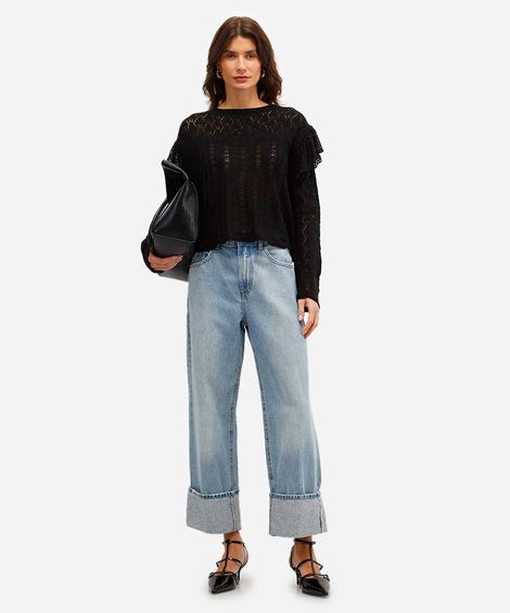 calça reta feminina jeans barra dobrada com brilhos azul