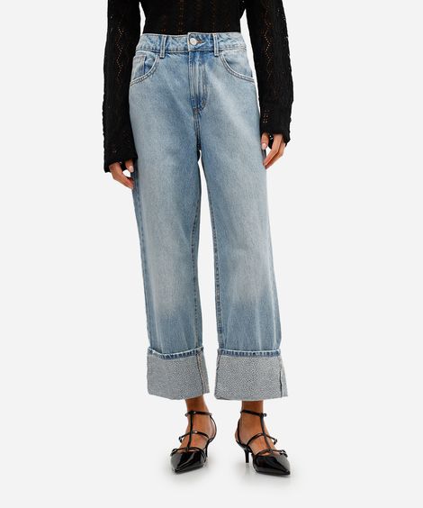 calça reta feminina jeans barra dobrada com brilhos azul