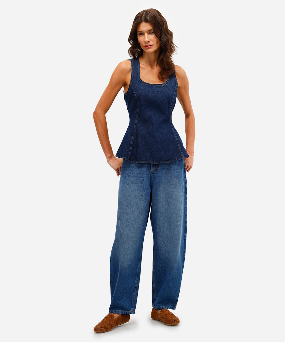 blusa feminina jeans com peplum azul