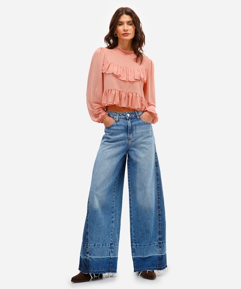 calça wide leg feminina jeans patchwork azul
