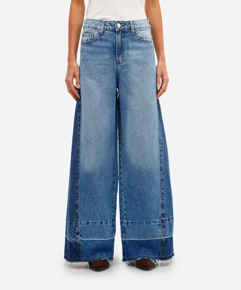 calça wide leg feminina jeans patchwork azul