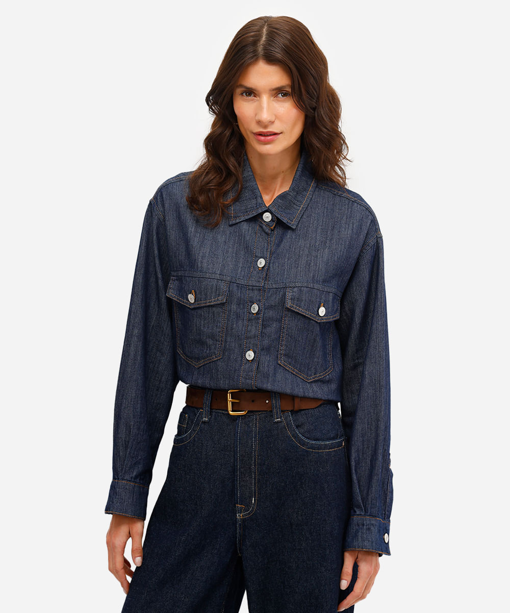 camisa feminina jeans manga longa azul