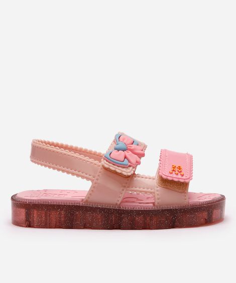sandália infantil com velcro lacinho rosa