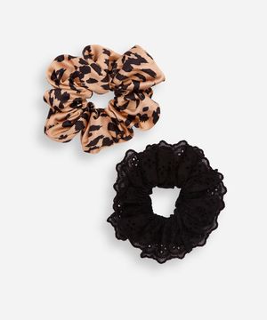 kit de 2 elásticos de cabelo scrunchie animal print e laise mindset colorido