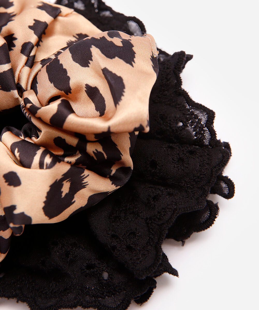 kit de 2 elásticos de cabelo scrunchie animal print e laise mindset colorido
