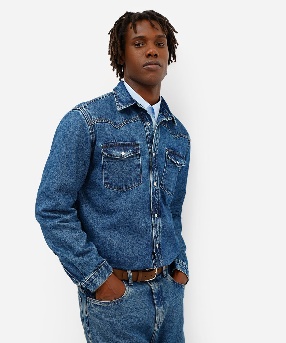 camisa comfort masculina jeans azul