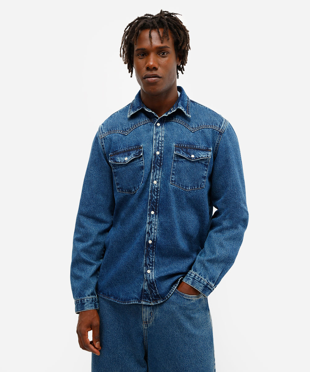 camisa comfort masculina jeans azul