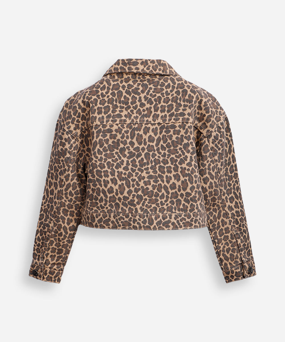 jaqueta cropped juvenil de sarja animal print colorida