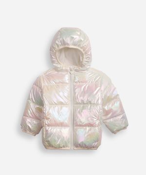 jaqueta puffer infantil com capuz holográfica off white