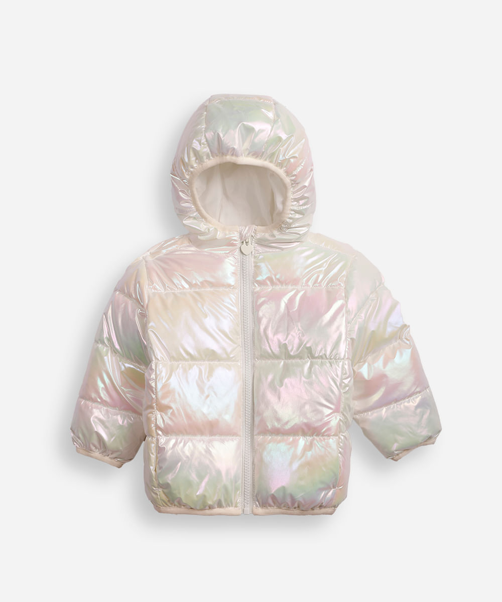 jaqueta puffer infantil com capuz holográfica off white