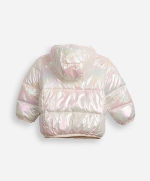 jaqueta puffer infantil com capuz holográfica off white
