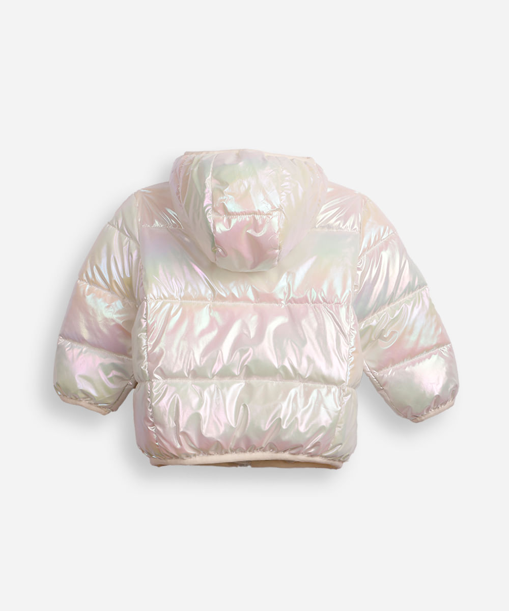 jaqueta puffer infantil com capuz holográfica off white