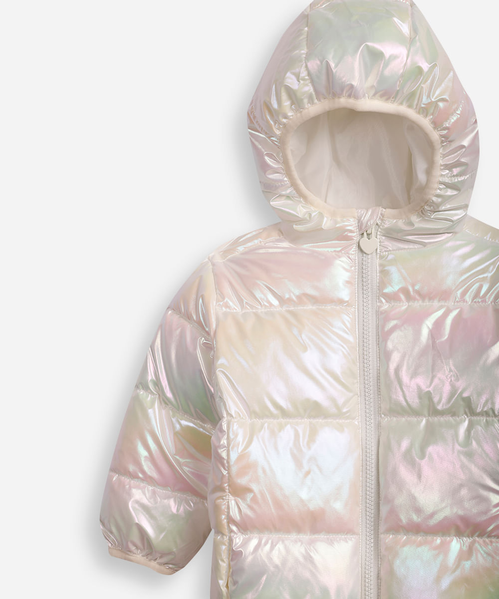 jaqueta puffer infantil com capuz holográfica off white