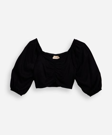 cropped de viscose juvenil manga bufante com franzido preto