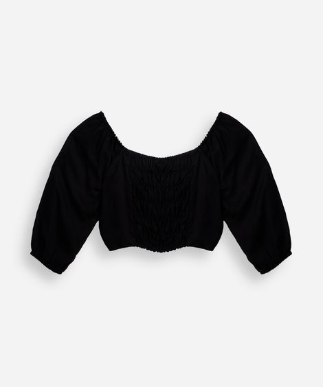 cropped de viscose juvenil manga bufante com franzido preto