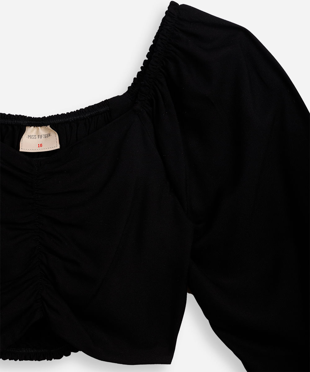 cropped de viscose juvenil manga bufante com franzido preto