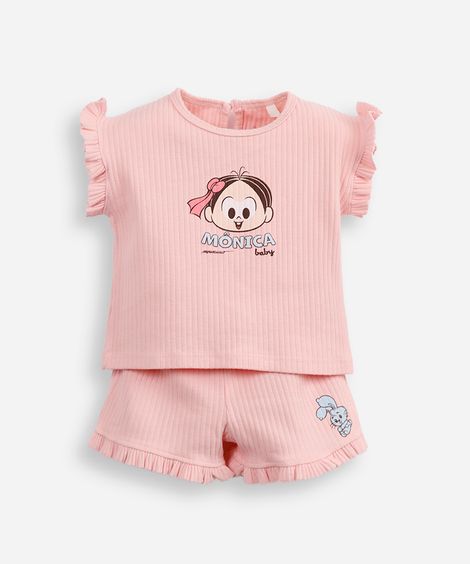 conjunto infantil curto canelado turma da mônica rosa
