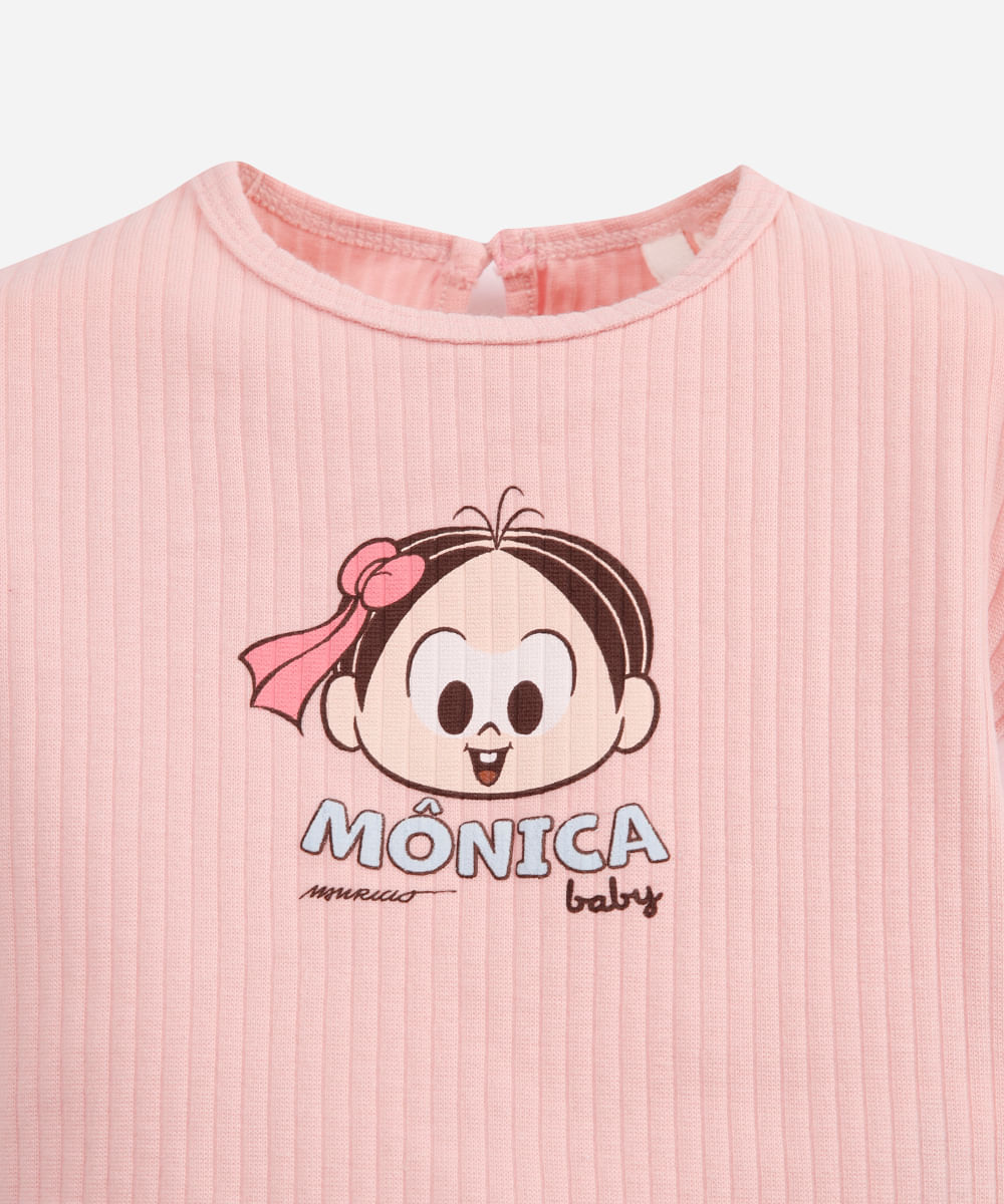 conjunto infantil curto canelado turma da mônica rosa