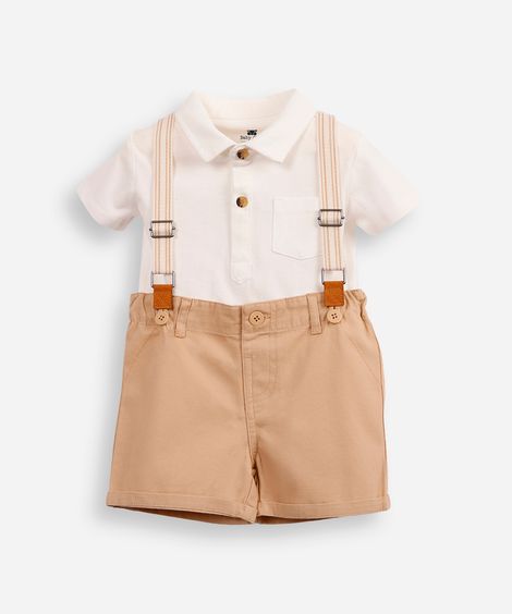 conjunto curto infantil de algodão com suspensório bege