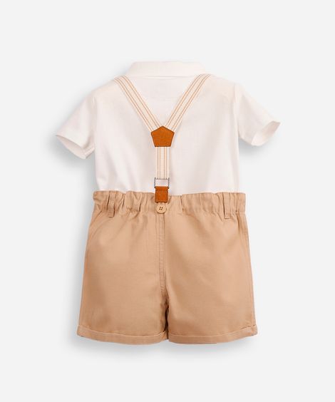 conjunto curto infantil de algodão com suspensório bege