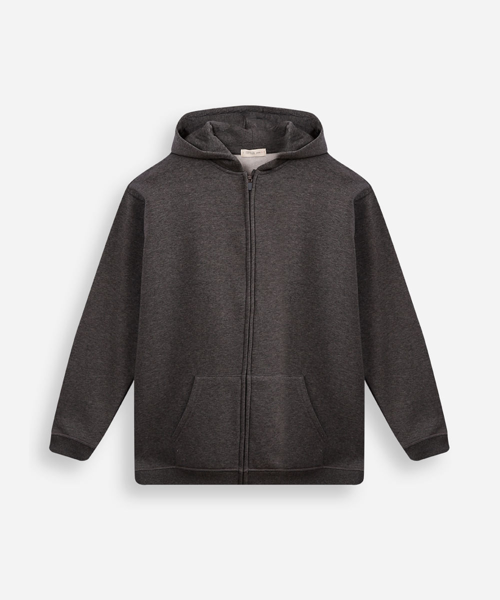 jaqueta oversized juvenil de moletom com capuz e bolso cinza
