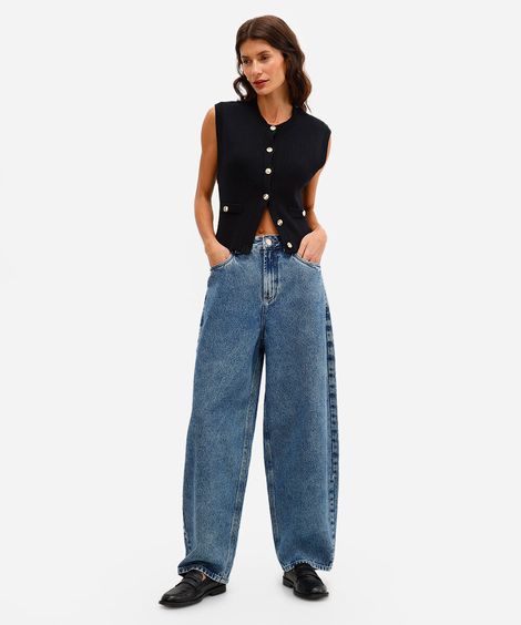 calça baggy feminina jeans cintura ajustável azul