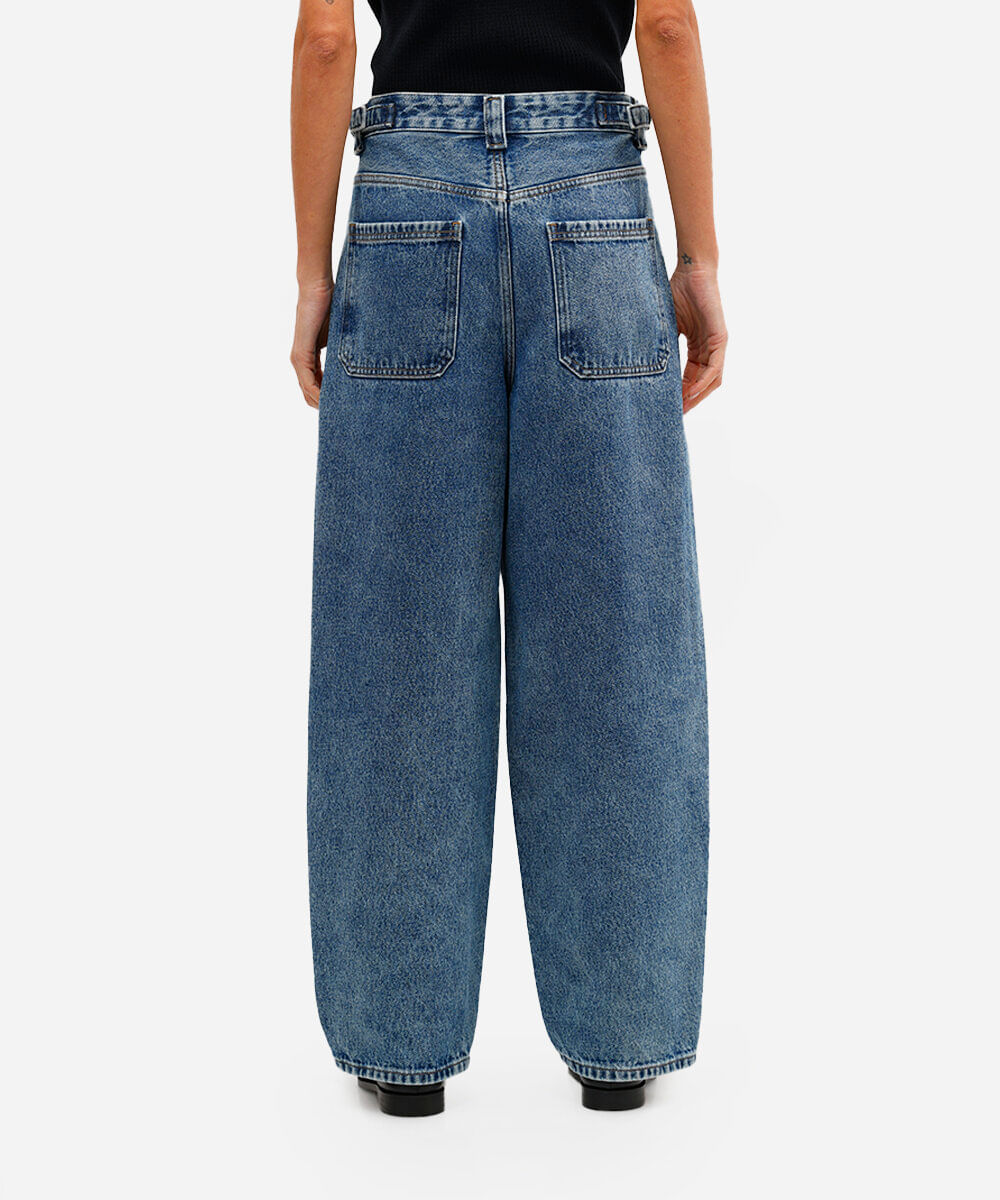 calça baggy feminina jeans cintura ajustável azul