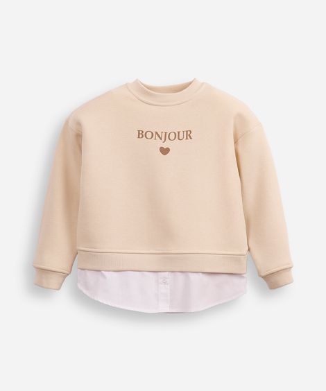 blusão de moletom infantil com sobreposição bonjour bege