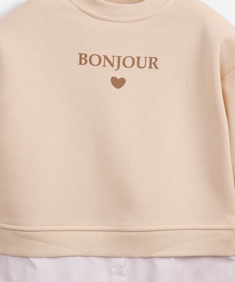 blusão de moletom infantil com sobreposição bonjour bege