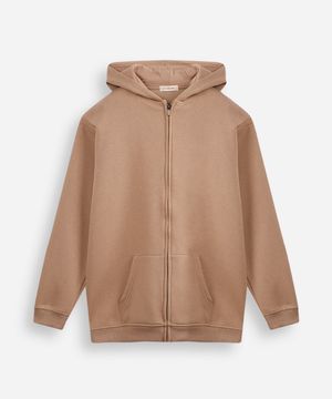jaqueta oversized juvenil de moletom com capuz e bolso bege