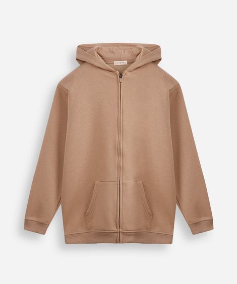 jaqueta oversized juvenil de moletom com capuz e bolso bege