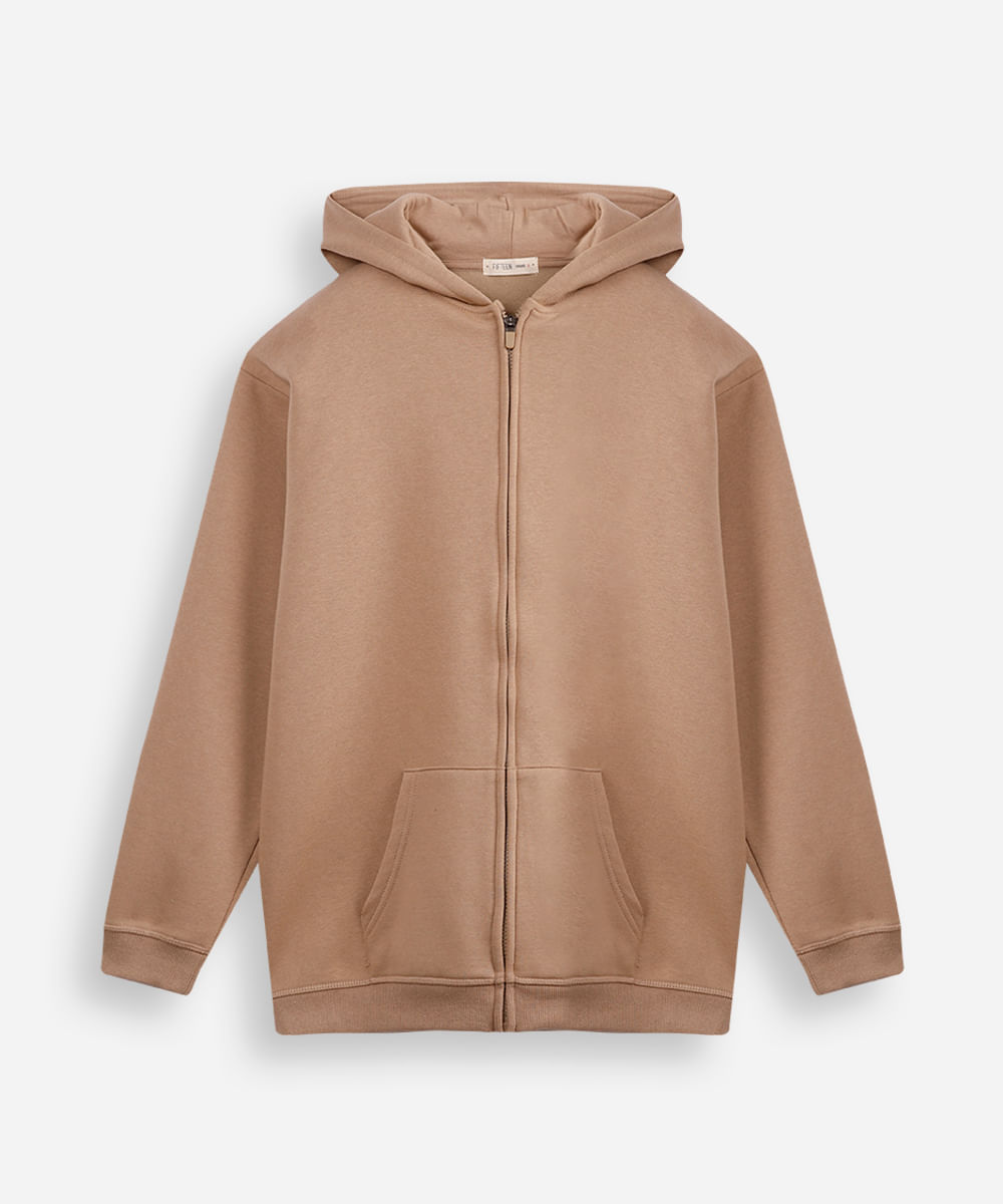 jaqueta oversized juvenil de moletom com capuz e bolso bege
