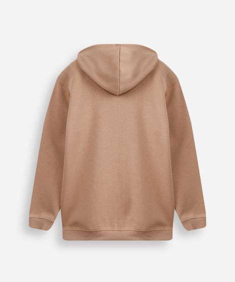 jaqueta oversized juvenil de moletom com capuz e bolso bege